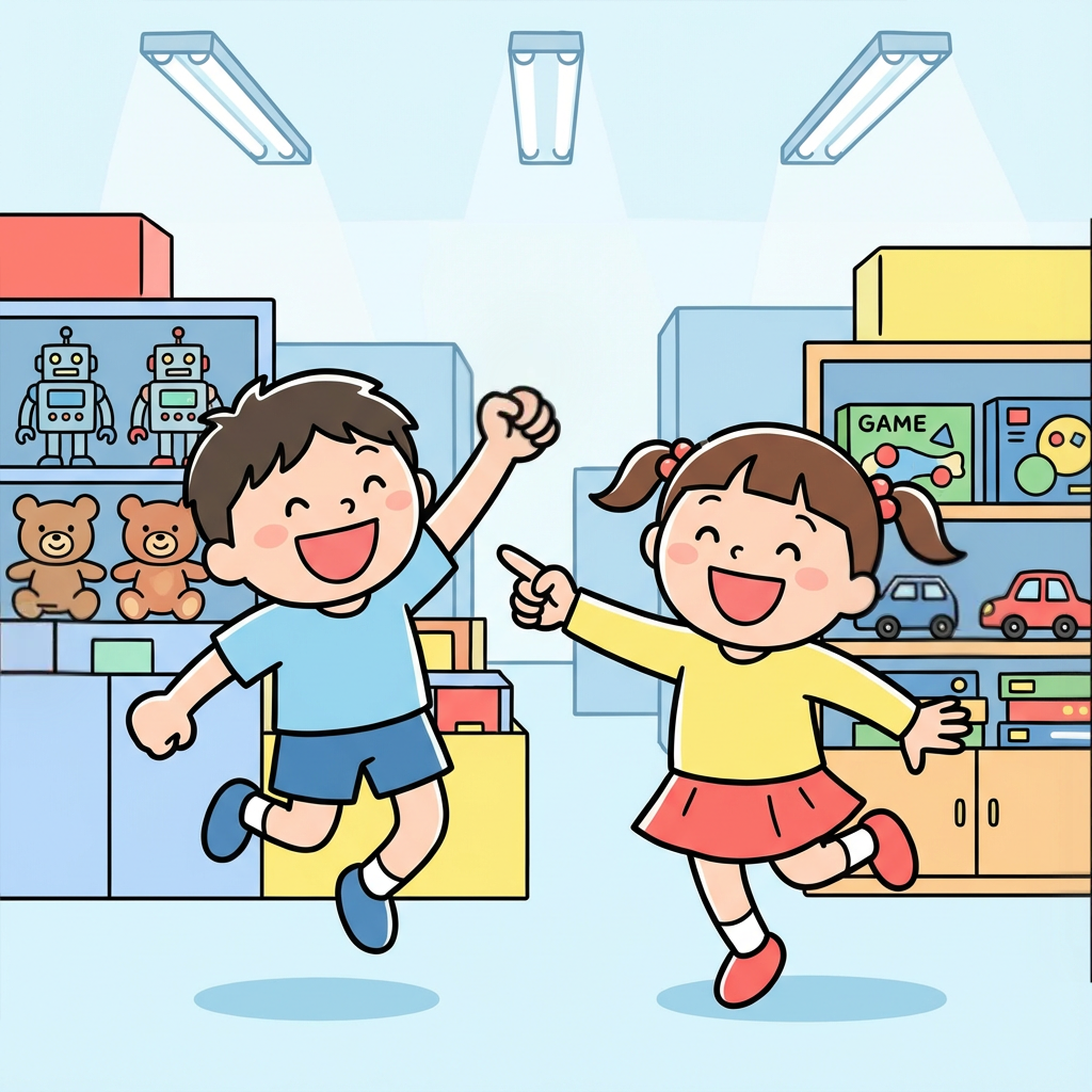 おもちゃ屋ではしゃぐ子供達